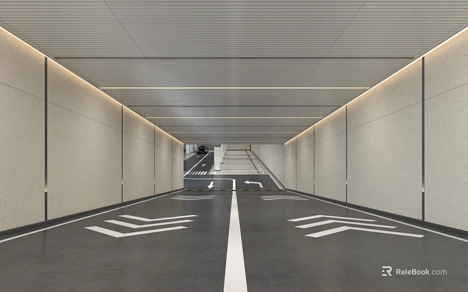 Modern Garage Interior With Smooth Walls Ceiling Lighting And Floor Arrow Markings 3d model 