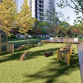 Outdoor Pet Playground With Green Lawn Wooden Dog House Agility Obstacles And Playing Dogs