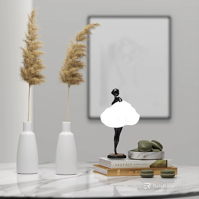 Decorative Ornament Set With White Vases Pampas Grass Black Figurine On Books And Green Stones 3d model 