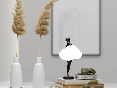 Decorative Ornament Set With White Vases Pampas Grass Black Figurine On Books And Green Stones 3d model