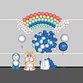 Rainbow Balloon Arch With Blue White Clusters And Cartoon Character Decorations 3d model