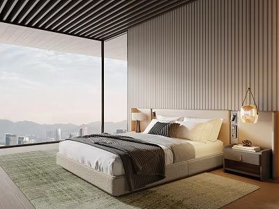 Modern Bedroom Interior Design With Large Window City Mountain View Wooden Ceiling Bed And Rug 3d model