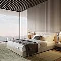 Modern Bedroom Interior Design With Large Window City Mountain View Wooden Ceiling Bed And Rug