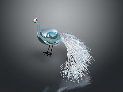 Silver Metallic Peacock Sculpture With White Feathers And Red Eyes On Dark Background 3d model