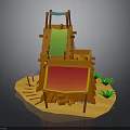 Wooden Kids Playground Structure With Green Slide Red Fabric Steps And Small Plants