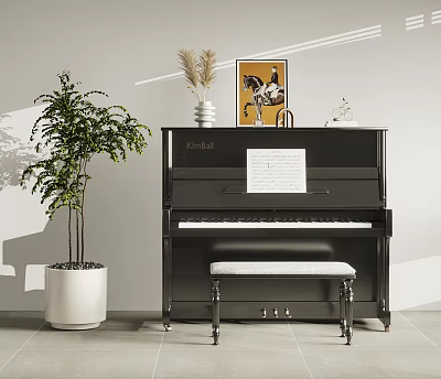Black Kawai Piano With Music Sheet Pampas Grass Green Plant And Horse Painting In Room 3d model