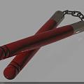Traditional Nunchaku Weapon With Red Wooden Handles And Silver Metal Chain Link