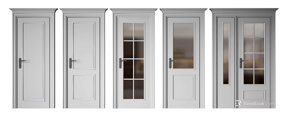 White Hinged Doors with Panel and Glass Pane Designs for Interior Spaces 3d model