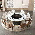 Modern Round Dining Table Set With Marble Top And Eight Beige Chairs On Rug