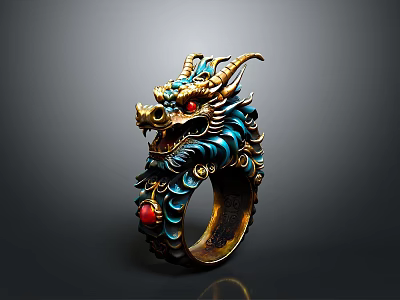 Dragon Shaped Ring With Blue Gold Accents And Red Gemstone Detail 3d model