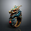 Dragon Shaped Ring With Blue Gold Accents And Red Gemstone Detail
