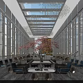 Spacious Modern Hotel Lobby With Large Windows Crystal Chandelier Red Maple Tree And Sofas Tables