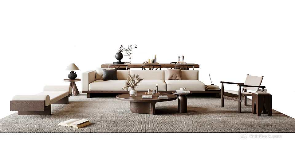 Modern Minimalist Sofa And Coffee Table Set With Beige Upholstery Wooden Table And Area Rug 3d model 