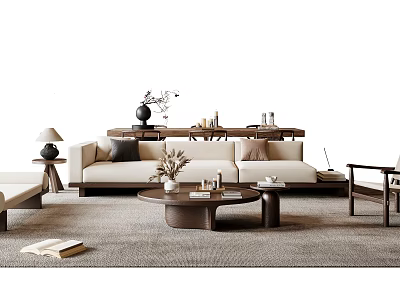 Modern Minimalist Sofa And Coffee Table Set With Beige Upholstery Wooden Table And Area Rug 3d model