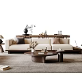 Modern Minimalist Sofa And Coffee Table Set With Beige Upholstery Wooden Table And Area Rug