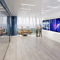 Public Office Space with Modern Geometric Wall Sofa Lounge Area and Large Bright Windows