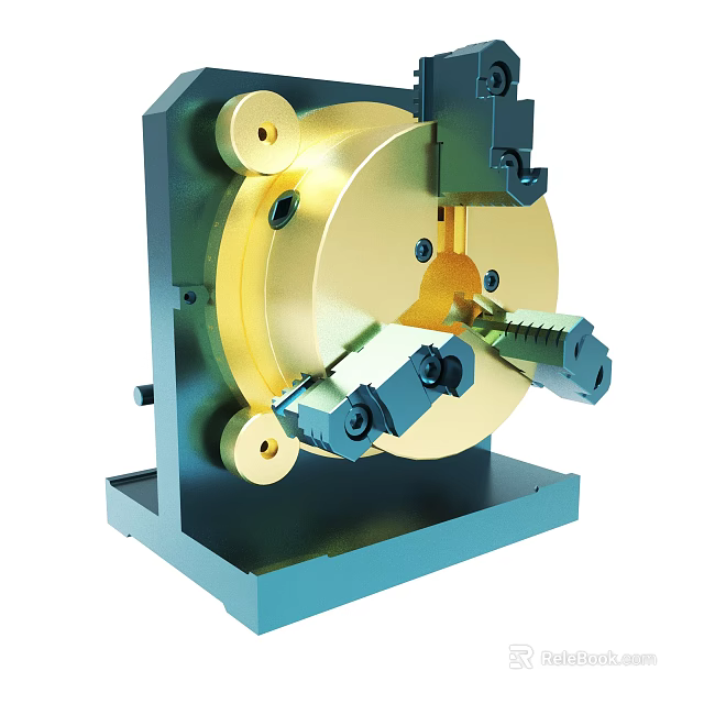 Precision Industrial Mechanical Chuck With Gold Rotating Disk And Blue Base Fixture 3d model 