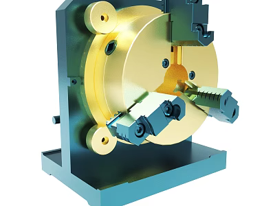 Precision Industrial Mechanical Chuck With Gold Rotating Disk And Blue Base Fixture 3d model