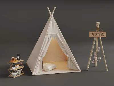 White Teepee Tent Featuring Open Entrance Soft Pillow Wooden Shelf Small Items Tripod Stand 3d model