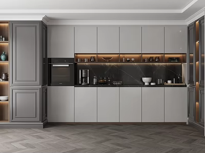 Modern Kitchen Interior With Gray White Cabinets And Black Countertop Design 3d model