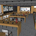 Bright Digital Store Interior With Wooden Counters Multiple Display Areas And Headphones