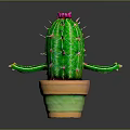 Green Spiky Cactus With Red Flower In Decorative Green And Orange Pot