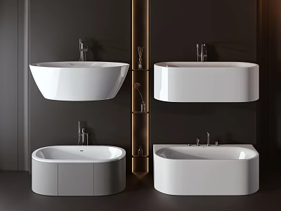 Modern Bathtub Interior Design With Wall Mounted And Freestanding White Models On Dark Backdrop 3d model