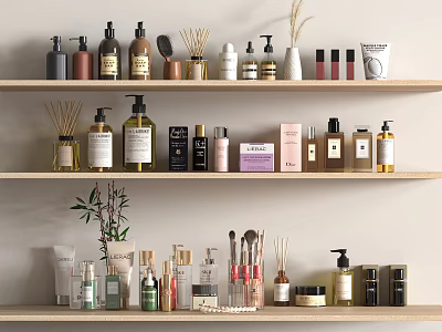 Stylish Perfumes And Cosmetics Display On Shelves 3d model