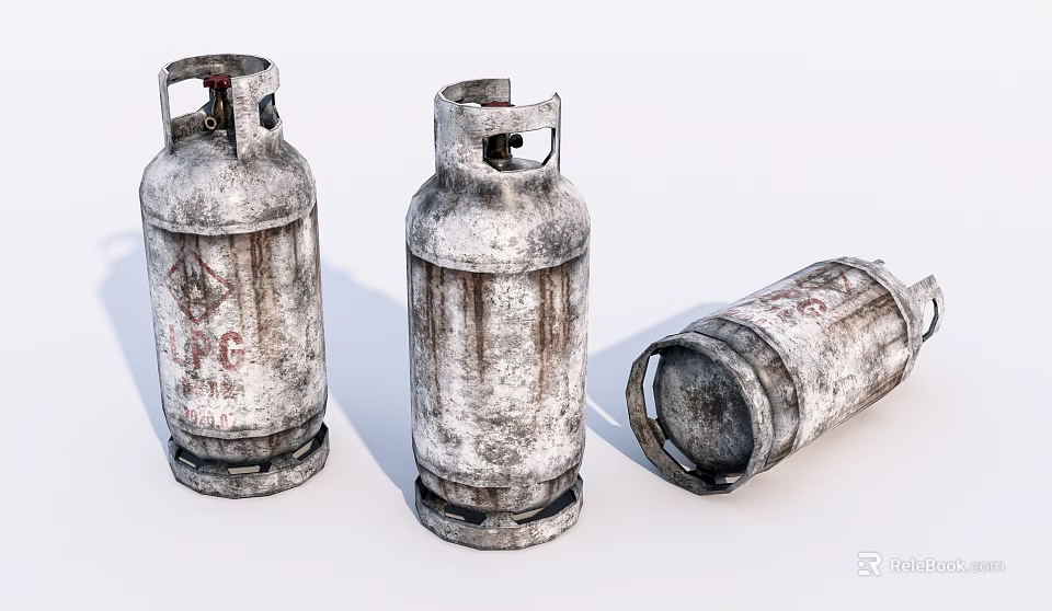 Three Old Rusty Gas Cylinders For Home Use In Different Positions 3d model