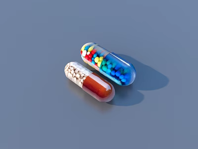 Household Item Two Different Colored Capsules with Red White and Blue Exteriors and Inside Particles 3d model