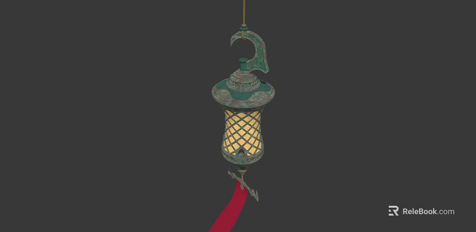 Traditional Chinese Lantern With Green Metal Frame Yellow Lattice Shade And Red Tassel 3d model 