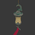 Traditional Chinese Lantern With Green Metal Frame Yellow Lattice Shade And Red Tassel