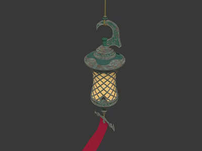 Traditional Chinese Lantern With Green Metal Frame Yellow Lattice Shade And Red Tassel 3d model