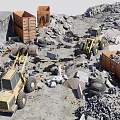 Construction Demolition Site With Bulldozers Dump Trucks And Piles Of Debris