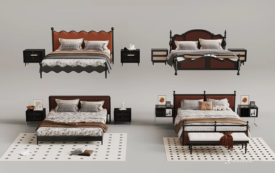 Various Bed Designs With Wooden Headboards Nightstands Pillows Mattresses And Rugs 3d model 