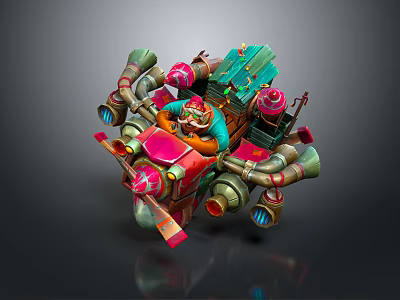 Vibrant Fantasy Game Character Riding Colorful Mechanical Vehicle With Pipes And Engines 3d model