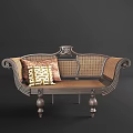 Vintage Multi Seat Sofa With Wicker Design Carved Backrest And Patterned Pillows 3d model