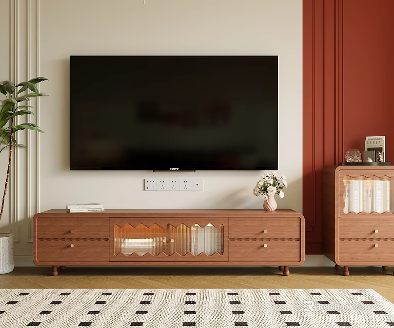 Wooden TV Cabinet With Drawers And Glass Doors In Living Room With Wall Mounted TV 3d model 