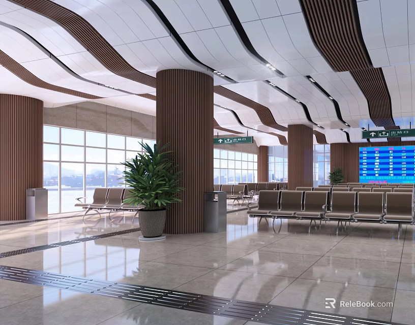 Modern Station Interior With Curved Ceiling Columns Large Windows Green Plants Seats And Info Screen 3d model