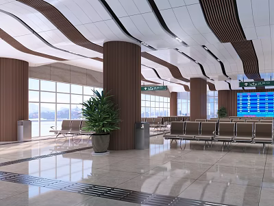 Modern Station Interior With Curved Ceiling Columns Large Windows Green Plants Seats And Info Screen 3d model
