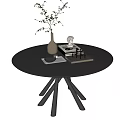 Round Black Dining Table Featuring White Vase Green Plant And White Statue Decor 3d model