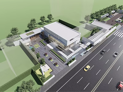 Modern Sales Office Building Exterior With Landscaping Parking Area And Road View 3d model