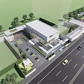 Modern Sales Office Building Exterior With Landscaping Parking Area And Road View