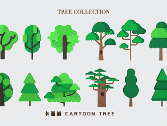 Hand-painted green trees big trees small trees pine trees fruit trees garden trees geometric trees cartoon trees 3d model