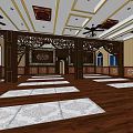 Elegant Hotel Lobby Interior With Wooden Floors Decorative Ceiling Arched Windows And Carved Partitions