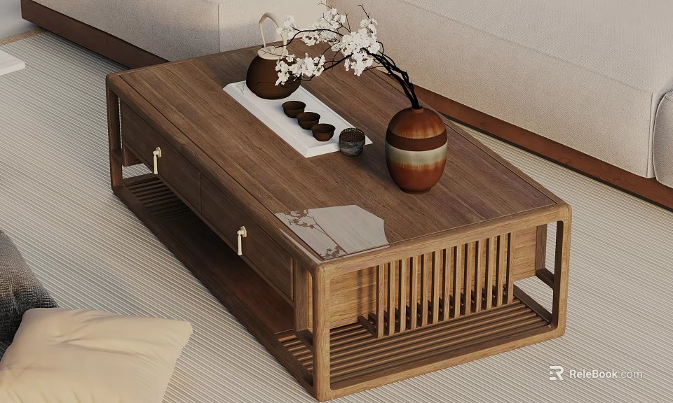 Light Colored Sofa And Wooden Coffee Table Set Featuring Vase And Tea Decorations 3d model 