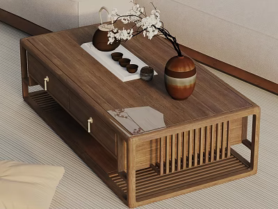 Light Colored Sofa And Wooden Coffee Table Set Featuring Vase And Tea Decorations 3d model
