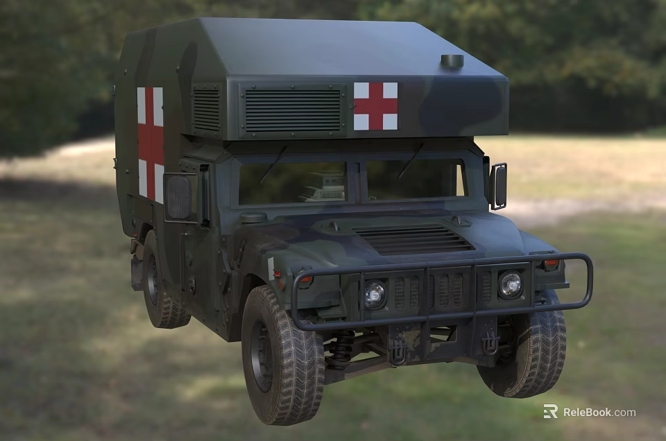 Camouflage Green Military Ambulance Vehicle With Red Cross Markings For Medical Transport In Outdoor Field 3d model 