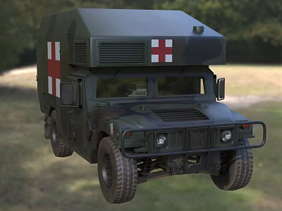 Camouflage Green Military Ambulance Vehicle With Red Cross Markings For Medical Transport In Outdoor Field 3d model