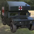 Camouflage Green Military Ambulance Vehicle With Red Cross Markings For Medical Transport In Outdoor Field